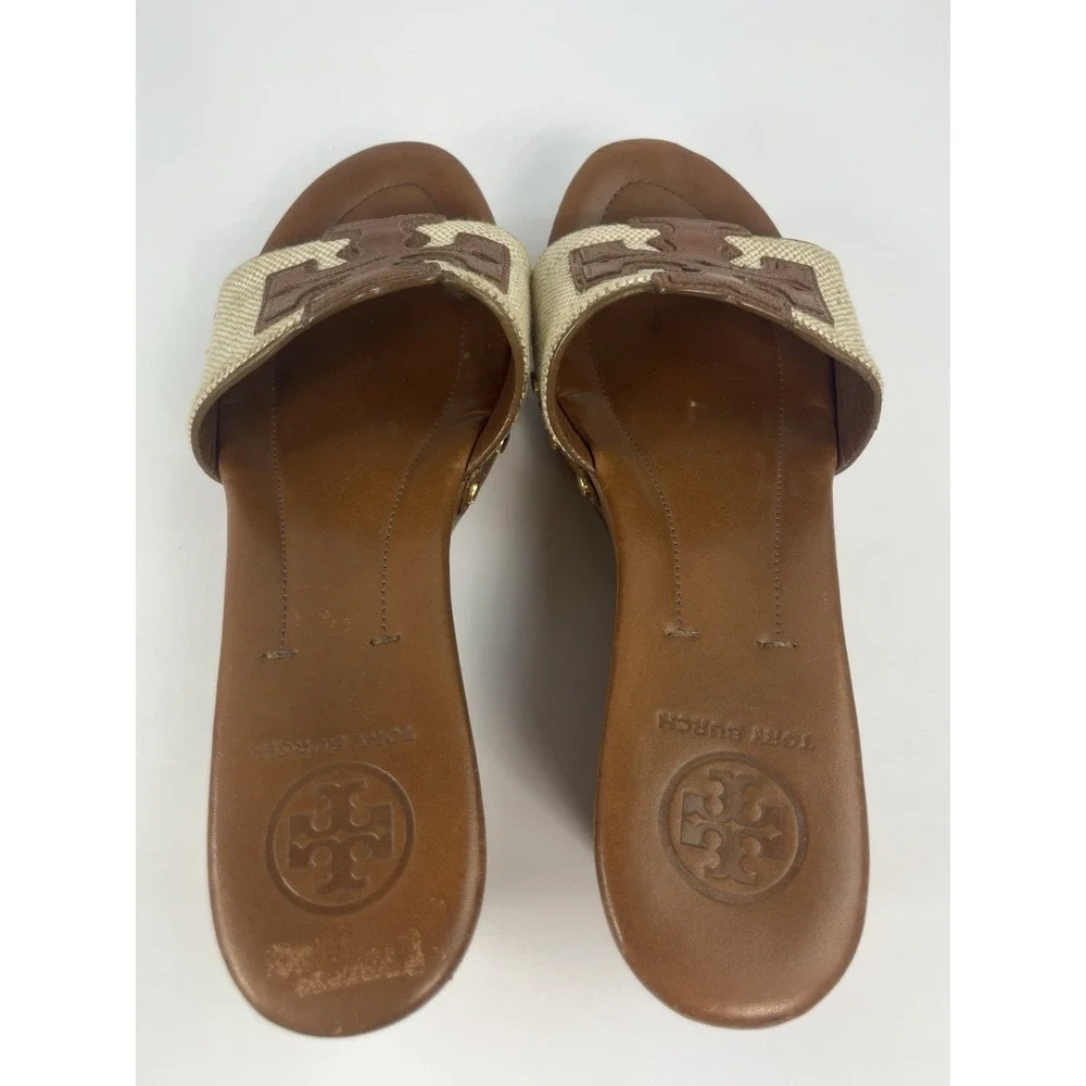 Tory Burch Terri Wood Canvas Wedge Sandals Women's Size 8.5M Brown Slip On